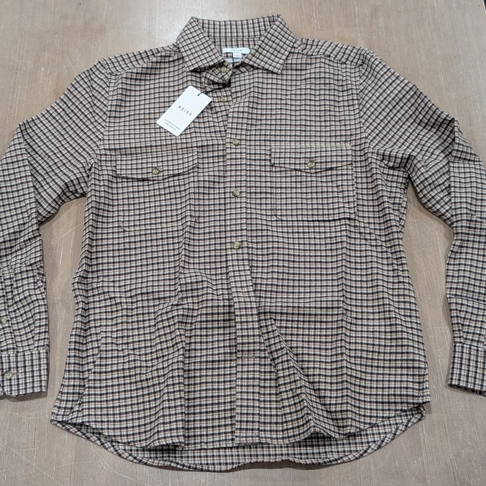 $190 Mens REISS Plaid Pocket LS Button Up Shirt Oatmeal Large